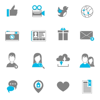 Social flat icons set with photo personal page gift message isolated vector illustration