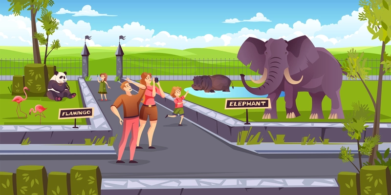 Family with kids looking at elephant flamingo panda hippopotamus wild animals in zoo natural park vector illustration