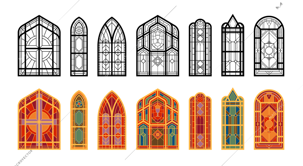 Colored and black and white oblong mosaic windows of the church flat vector illustration