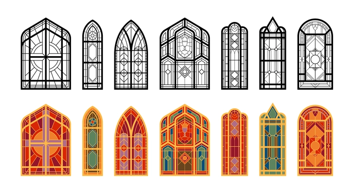 Colored and black and white oblong mosaic windows of the church flat vector illustration