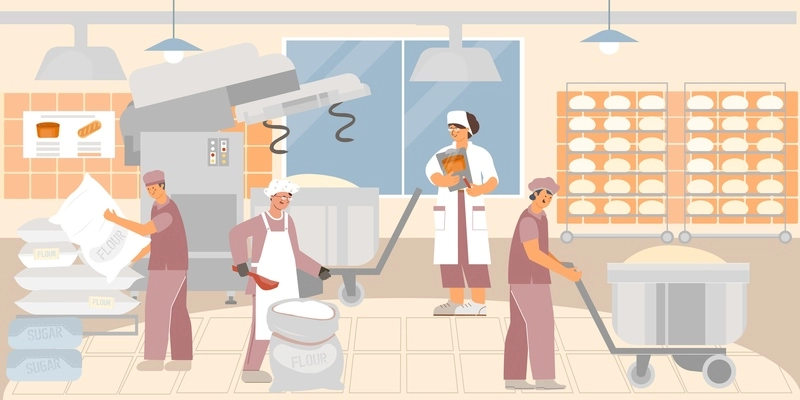 The process of making dough in a bakery factory flat vector illustration