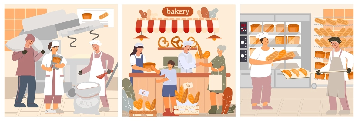 Stages of production and sale of bakery products flat vector illustration