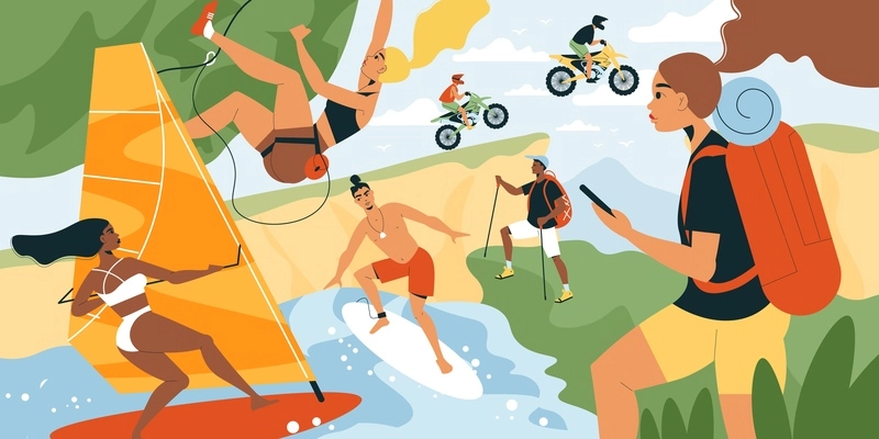 Summer sport vector illustration with people on wind surfing board participating in motocross and hiking with backpack