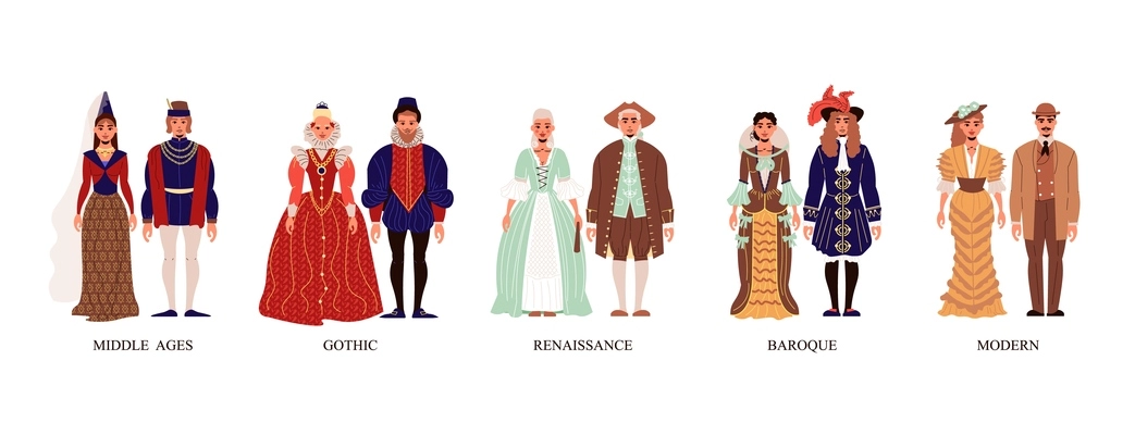 Fashion history costume in middle ages gothic renaissance baroque and modern time isolated flat vector illustration