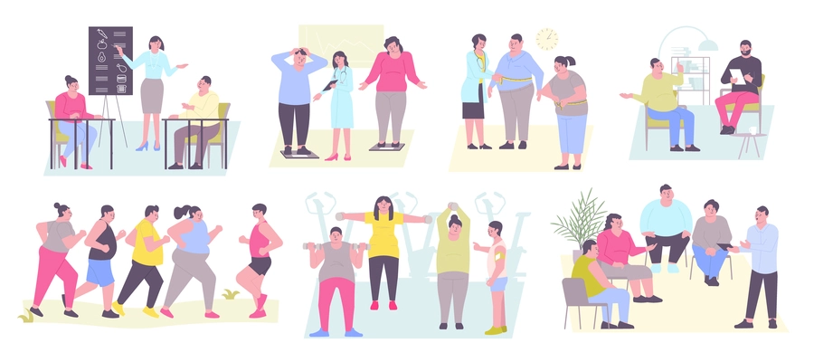 Set of isolated weight loss program challenge compositions of flat doodle human characters and various sceneries vector illustration