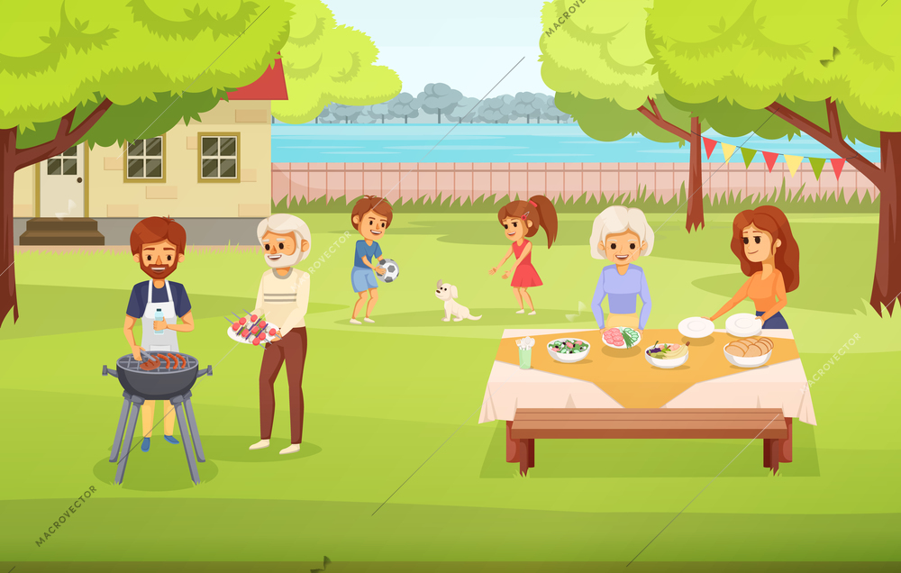 Family holidays colored cartoon composition family spends time together in yard preparing food for picnic children play vector illustration