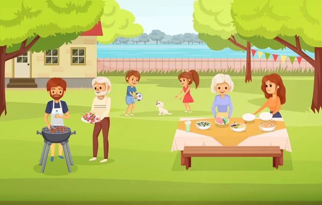 Family holidays colored cartoon composition family spends time together in yard preparing food for picnic children play vector illustration