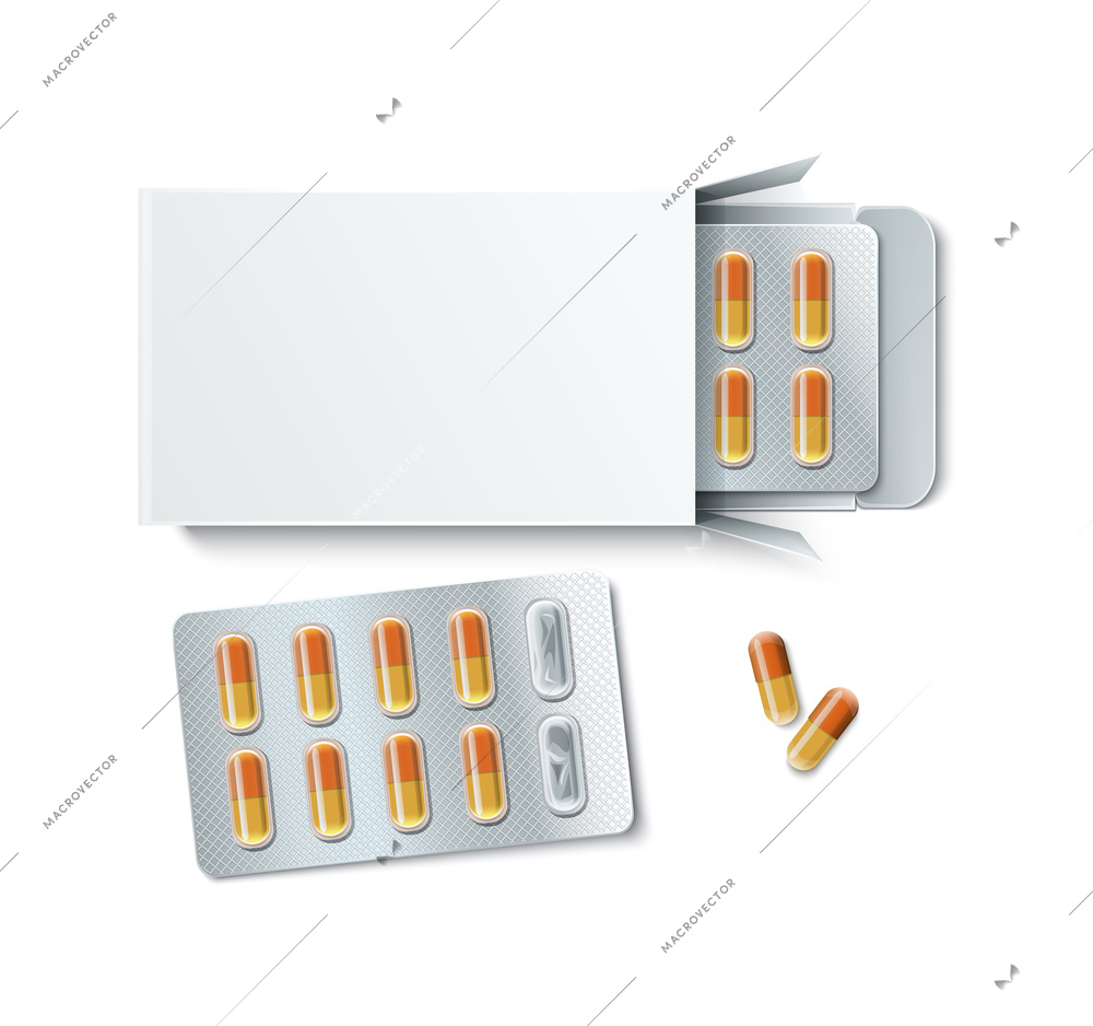 Pills tablets capsules blister realistic composition full pack blisters separately and a few pills next to each other vector illustration