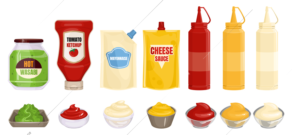 Sauce packaging set with isolated images of ready dishes with bottles of sauce and wasabi dishes vector illustration