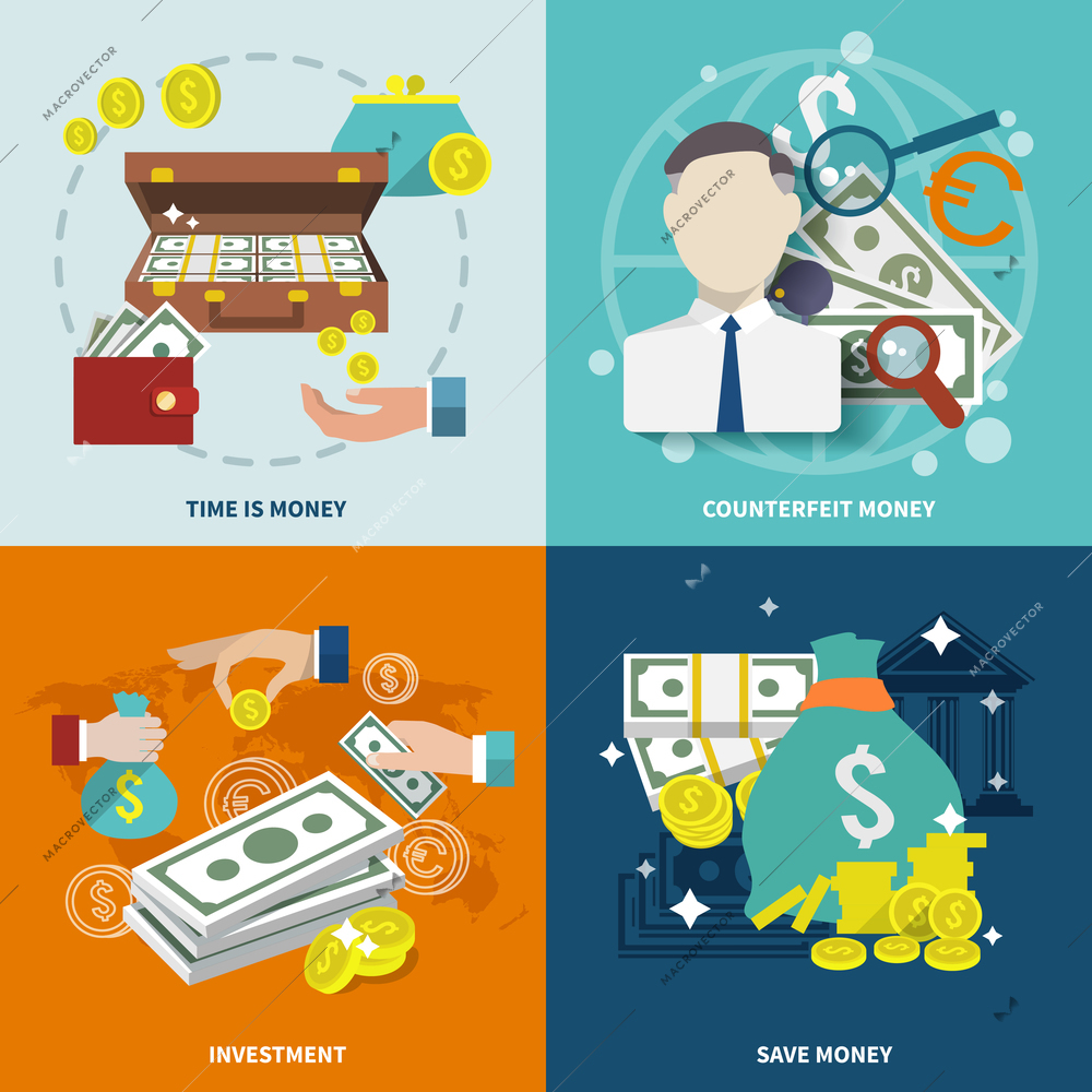 Money wealth market exchange  flat icons set with counterfeit investment isolated vector illustration