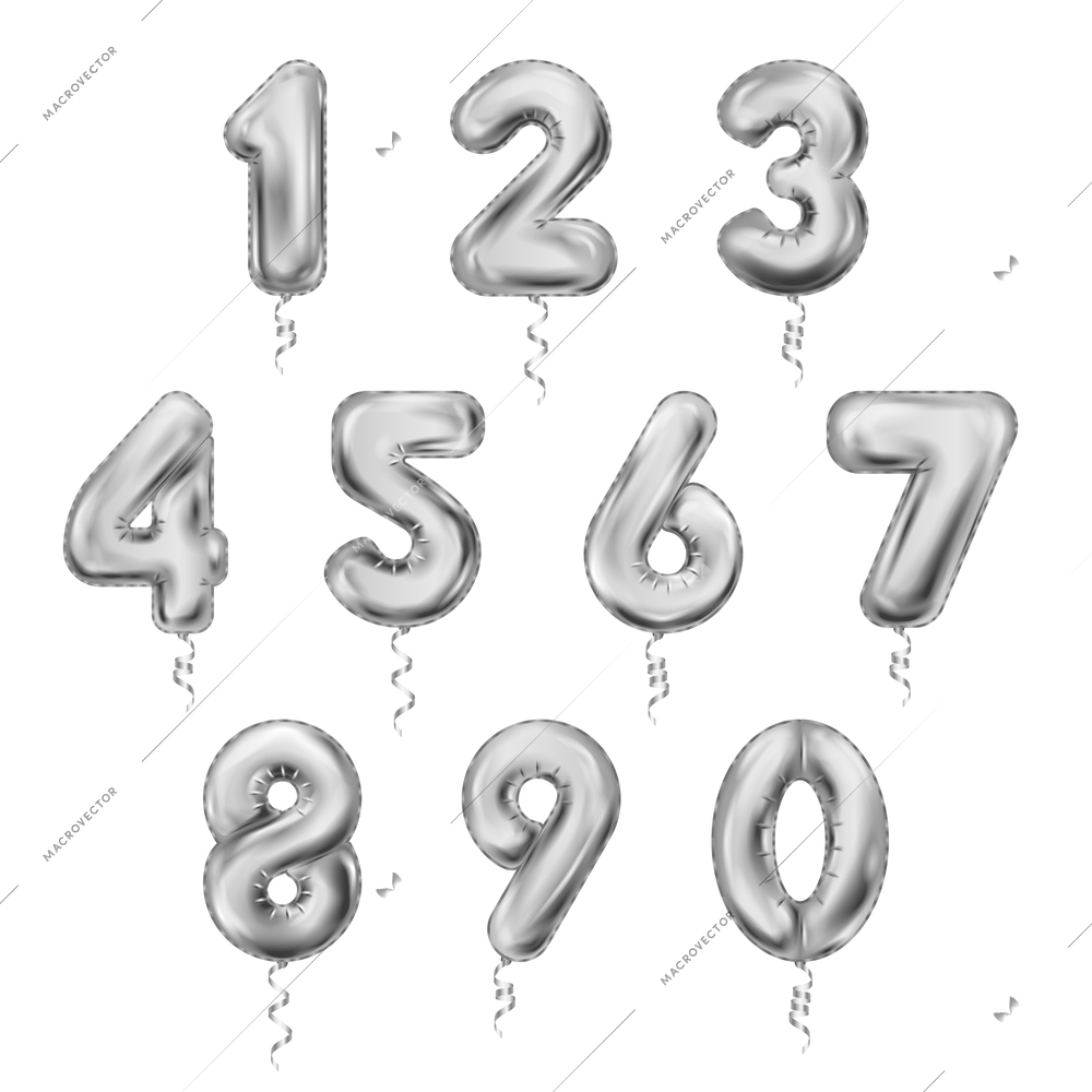 Balloon numbers sliver realistic icon set silver sequined birthday figures with beautiful ribbons vector illustration