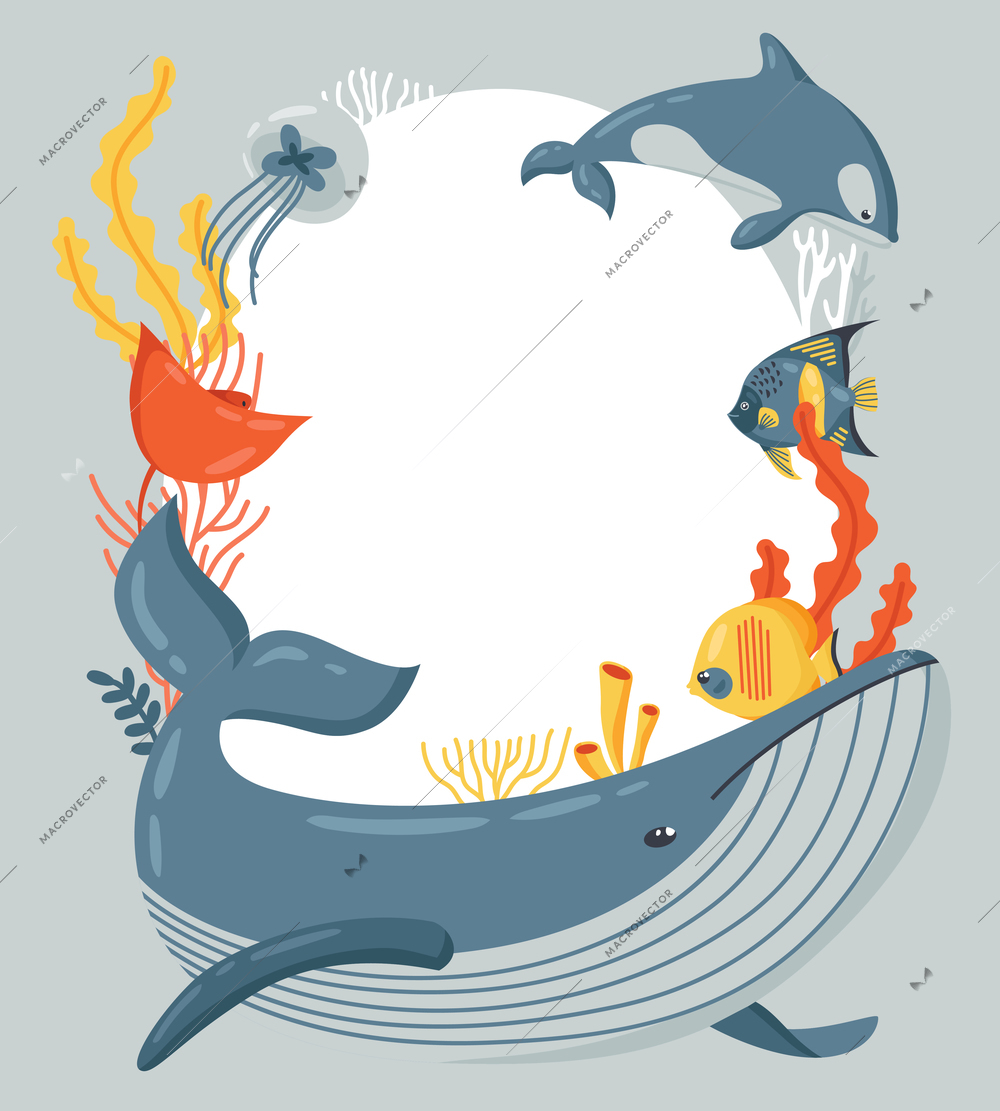 Frame for world ocean day poster colored sea animals in a circle on white and gray background vector illustration flat