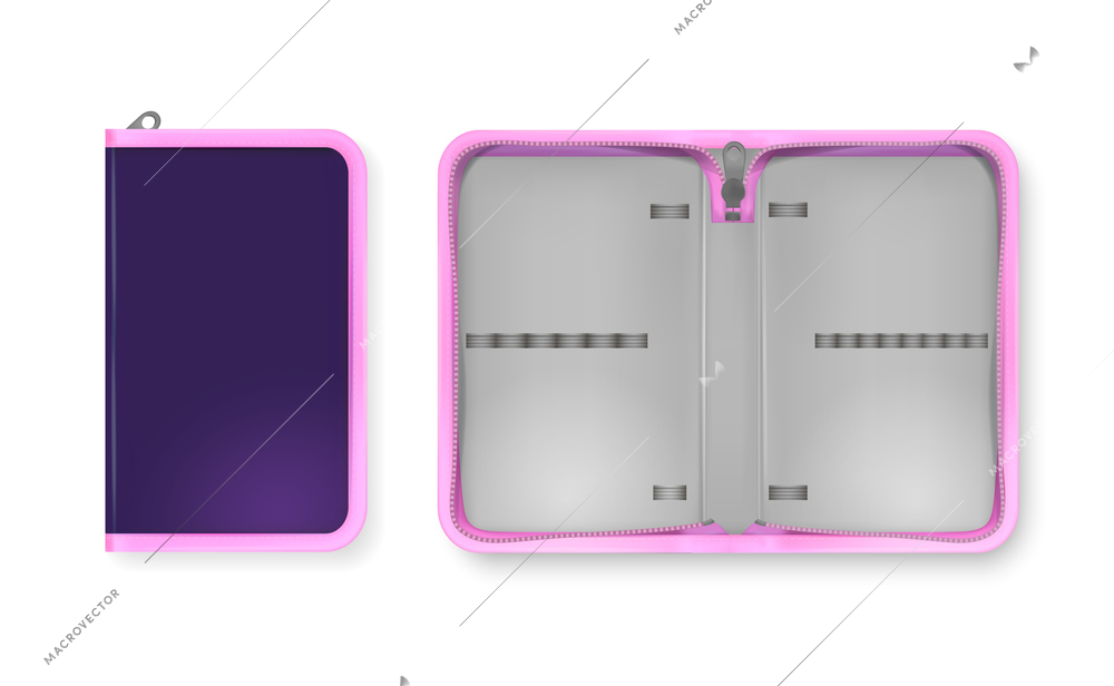 Realistic open and closed empty pencil case in purple and pink colors for school supplies isolated vector illustration