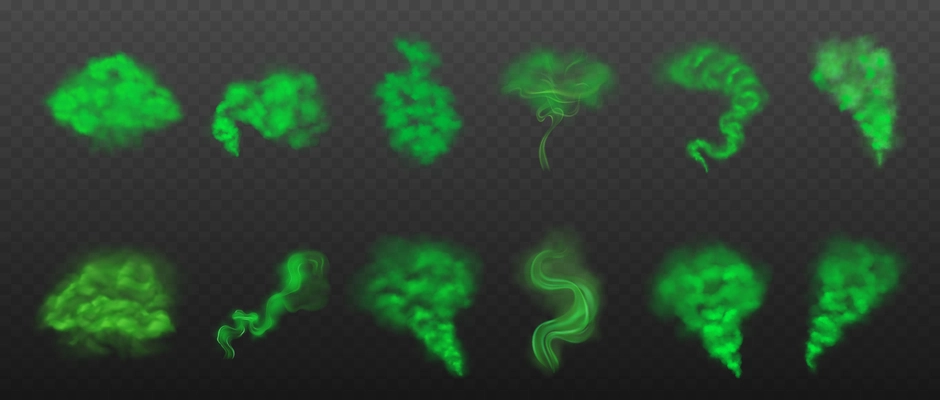 Realistic set with green toxic smoke clouds of different shape isolated on transparent background vector illustration