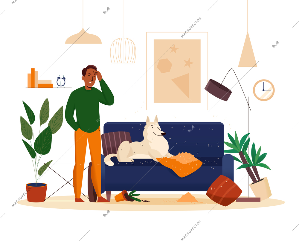 Frustrated owner and his naughty dog lying on sofa in messy living room flat vector illustration