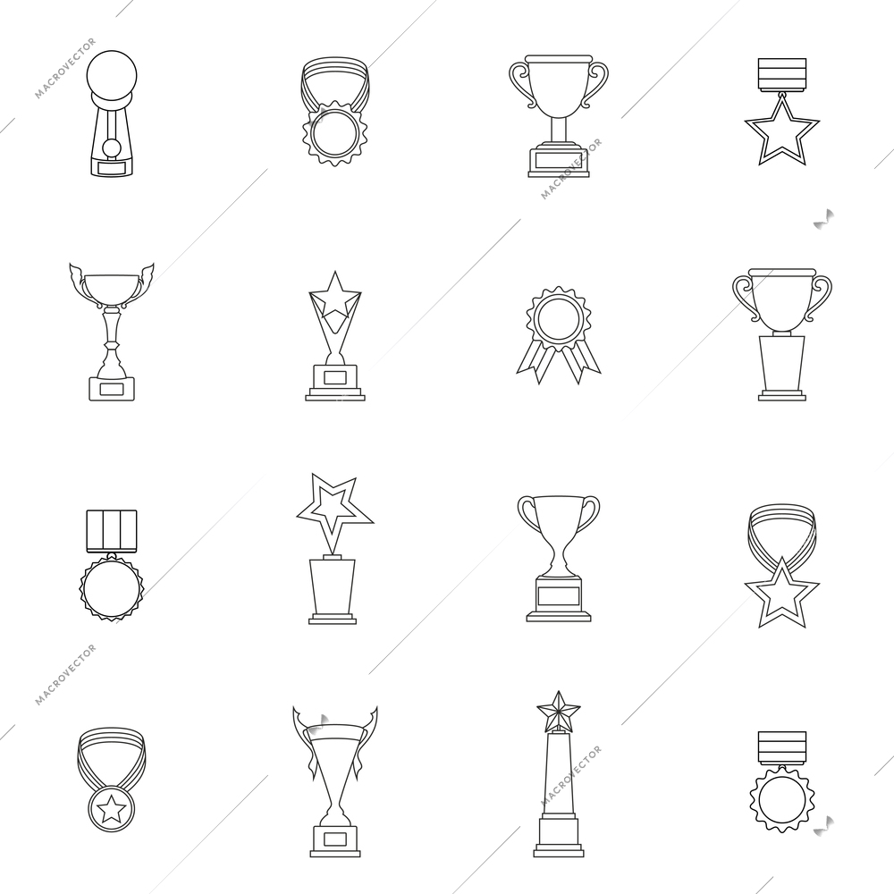Trophy icons outline set of sport victory achievement awards isolated vector illustration