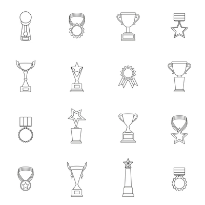 Trophy icons outline set of sport victory achievement awards isolated vector illustration