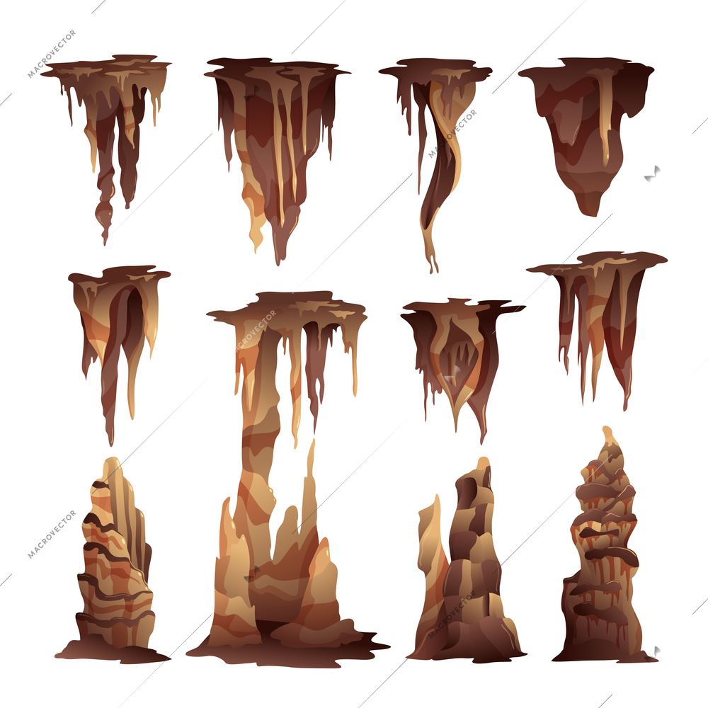 Stalactite stalagmite icicle shaped hanging and upward growing mineral formations in caves elements realistic set vector illustration