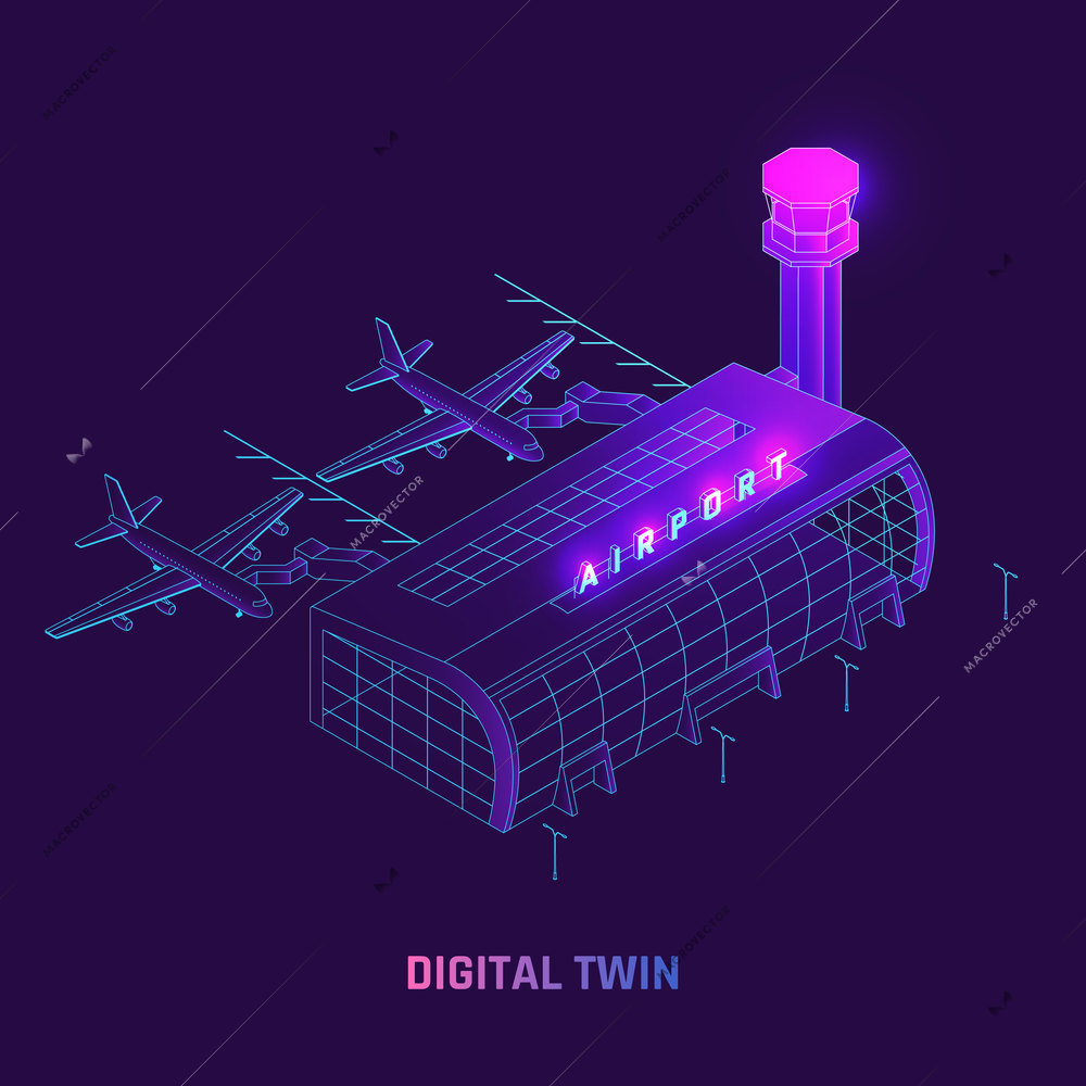 Airport daily operations aircrafts passengers flow maintenance digital twin 3d simulation technology glowing purple background vector illustration