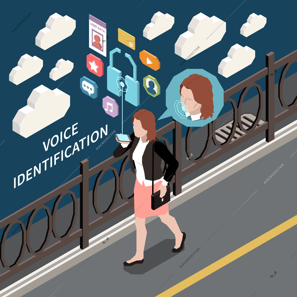 Biometric authentication isometric composition with female character walking down street with thought bubbles and app icons vector illustration