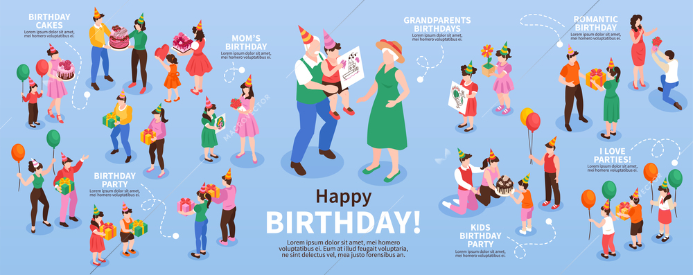 Birthday congratulation infographic set with people presents and cake isometric vector illustration