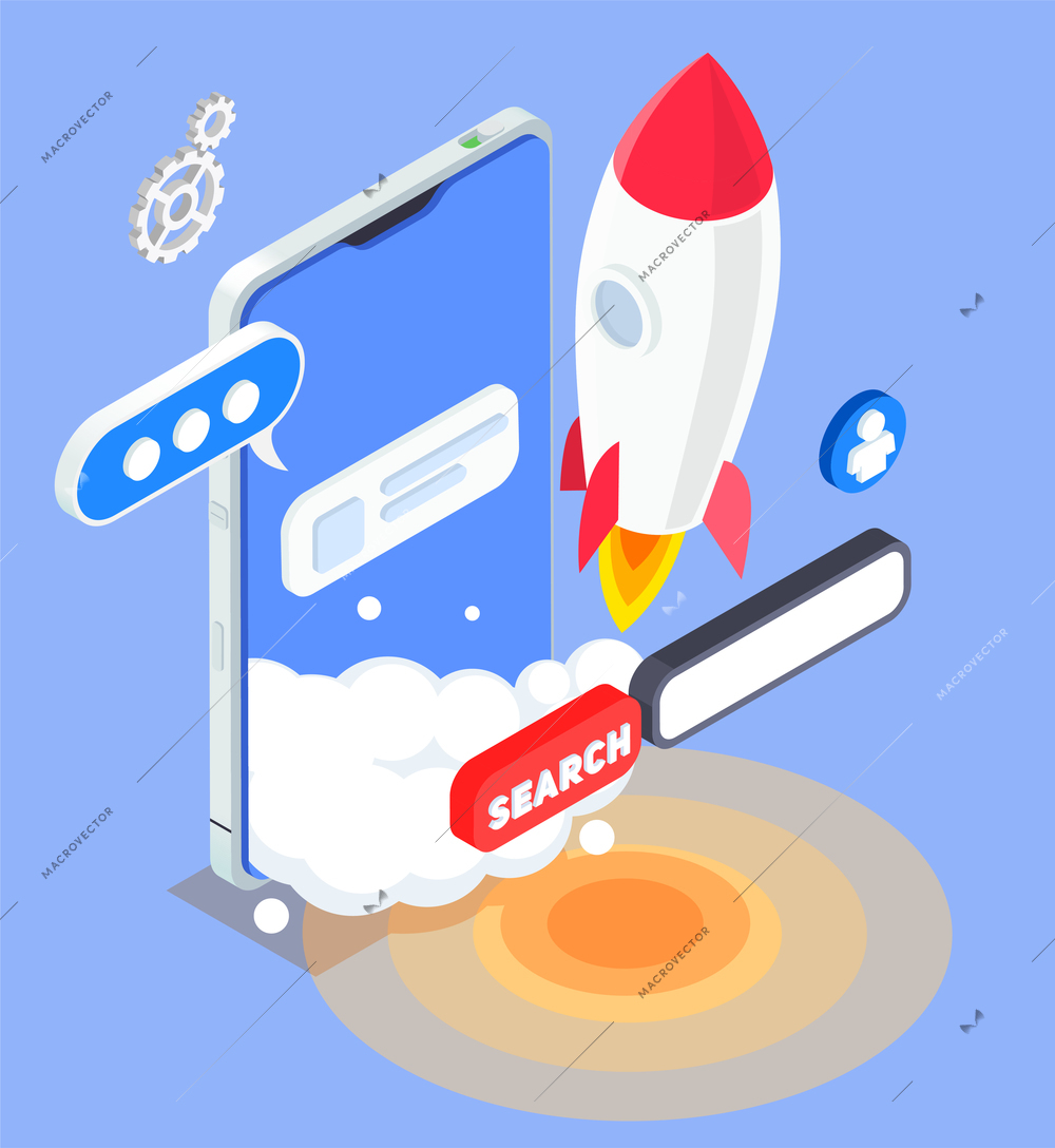 Isometric app store optimization concept with smartphone rocket search bar on blue background 3d vector illustration