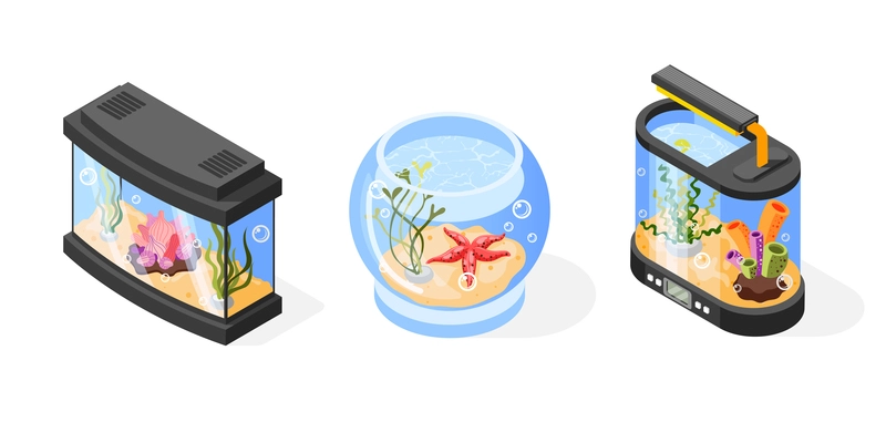 Isometric set of glass aquarium and fish bowl with water starfish plants and corals isolated on white background vector illustration