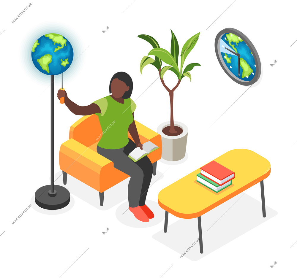 Isometric concept with woman turning off light during earth hour on white background vector illustration