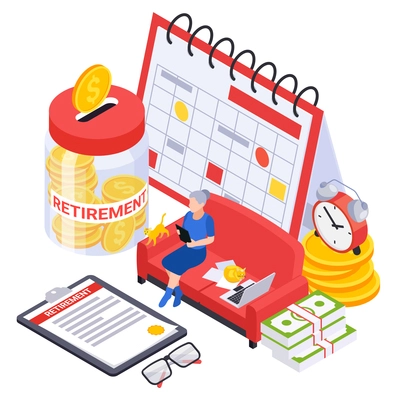 Retirement preparation plan isometric composition with icons of calendar and cash box with old woman character vector illustration