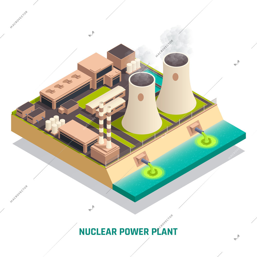 Toxic waste nuclear chemical pollution biohazard isometric concept with nuclear power plant construction vector illustration