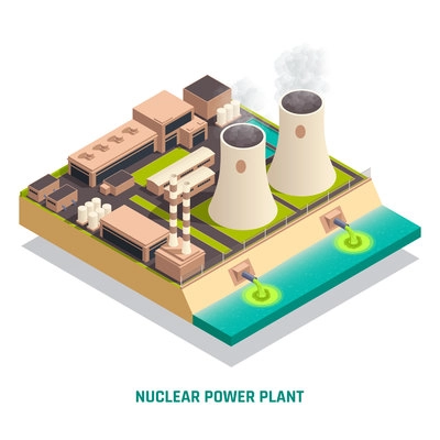 Toxic waste nuclear chemical pollution biohazard isometric concept with nuclear power plant construction vector illustration