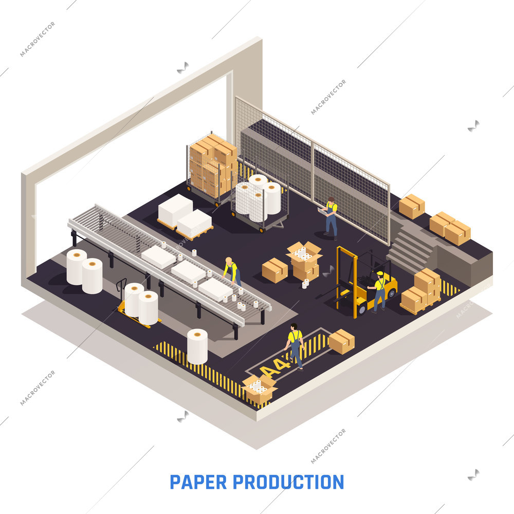 Paper production isometric isolated concept with wood paper production at the plant in the workshop vector illustration