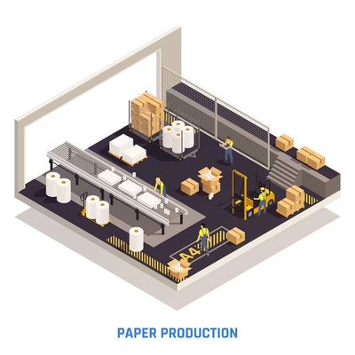 Paper production isometric isolated concept with wood paper production at the plant in the workshop vector illustration