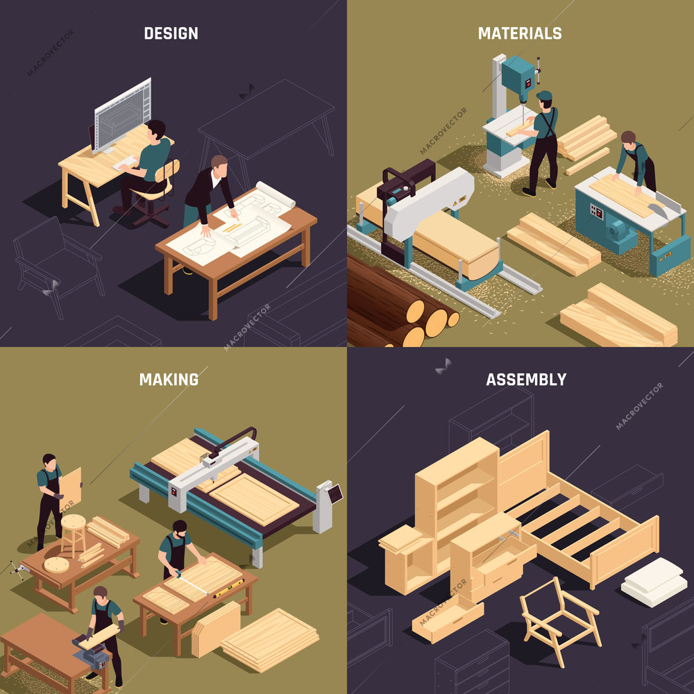 Isometric furniture production icon set with design materials making and assembly descriptions vector illustration