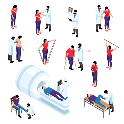 Orthopedic therapy isometric set of doctors examining people with trauma isolated vector illustration