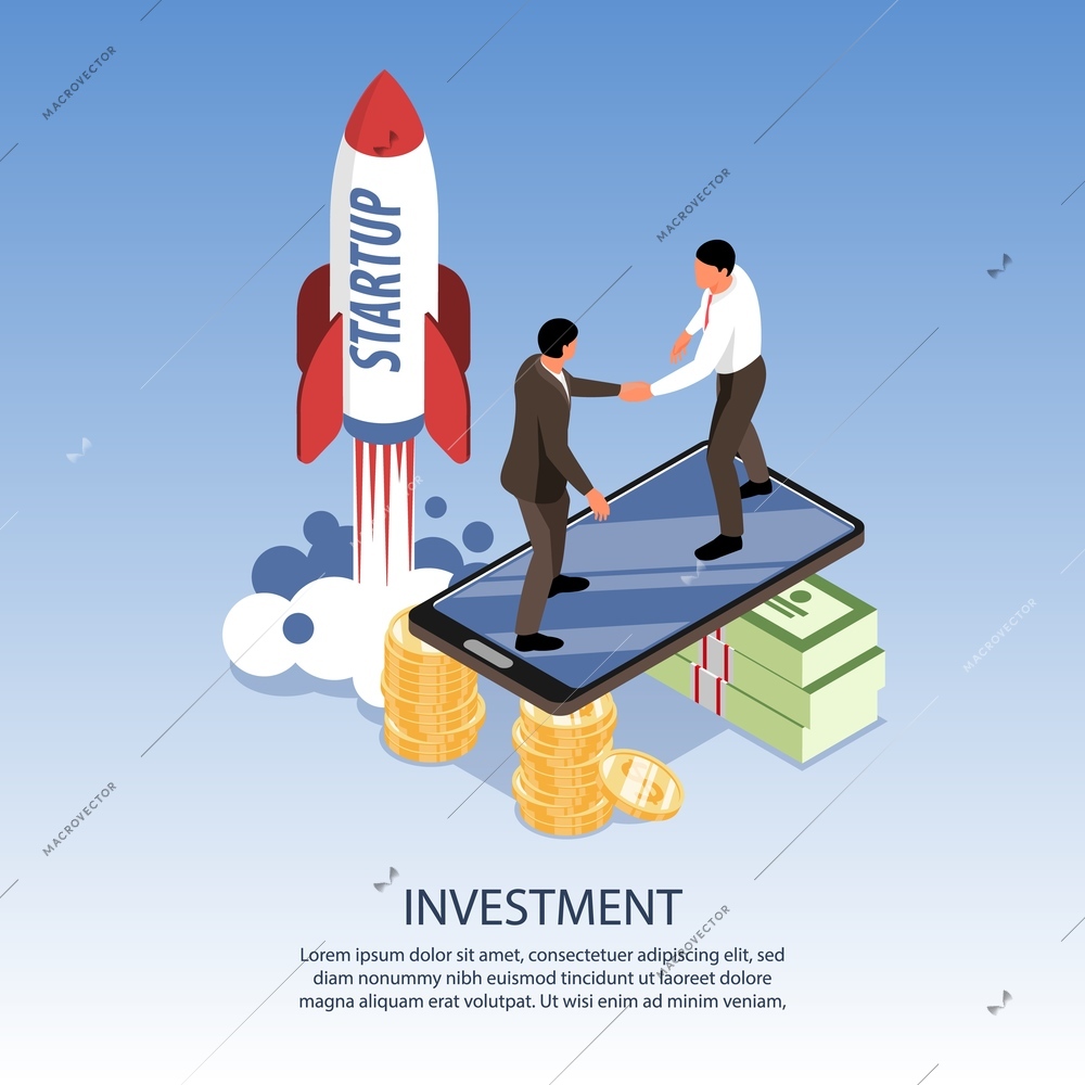 Investing in startup isometric poster two people shaking hands after successful quick start of business vector illustration
