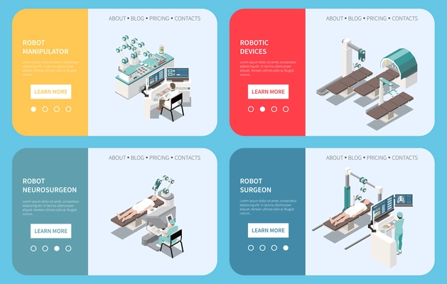 Robotic surgery isometric composition set with robotic device symbols isolated vector illustration