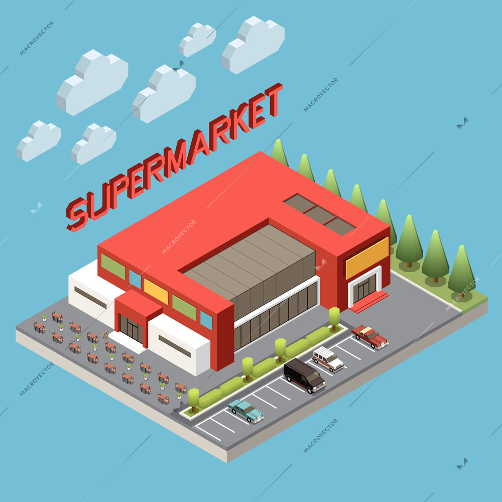 Supermarket isometric concept with retail shopping and mall symbols vector illustration