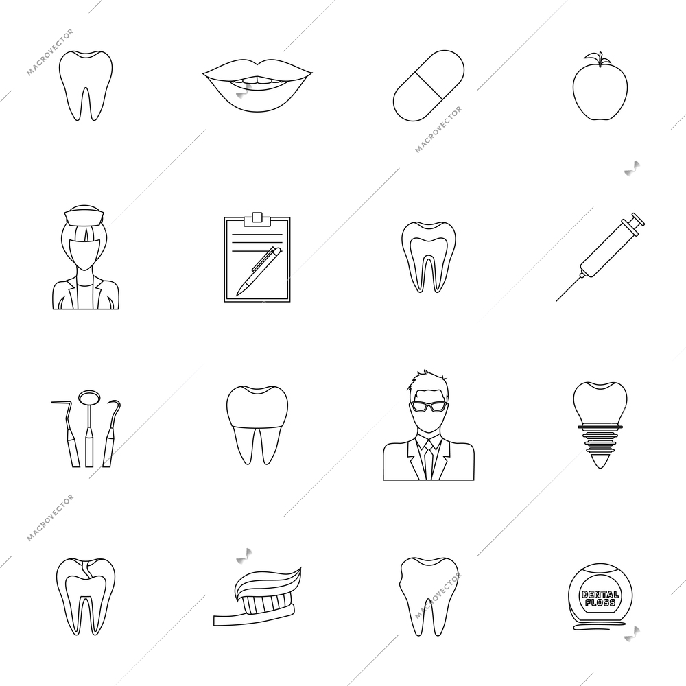 Dental health outline icons set with tooth mouth pill apple isolated vector illustration