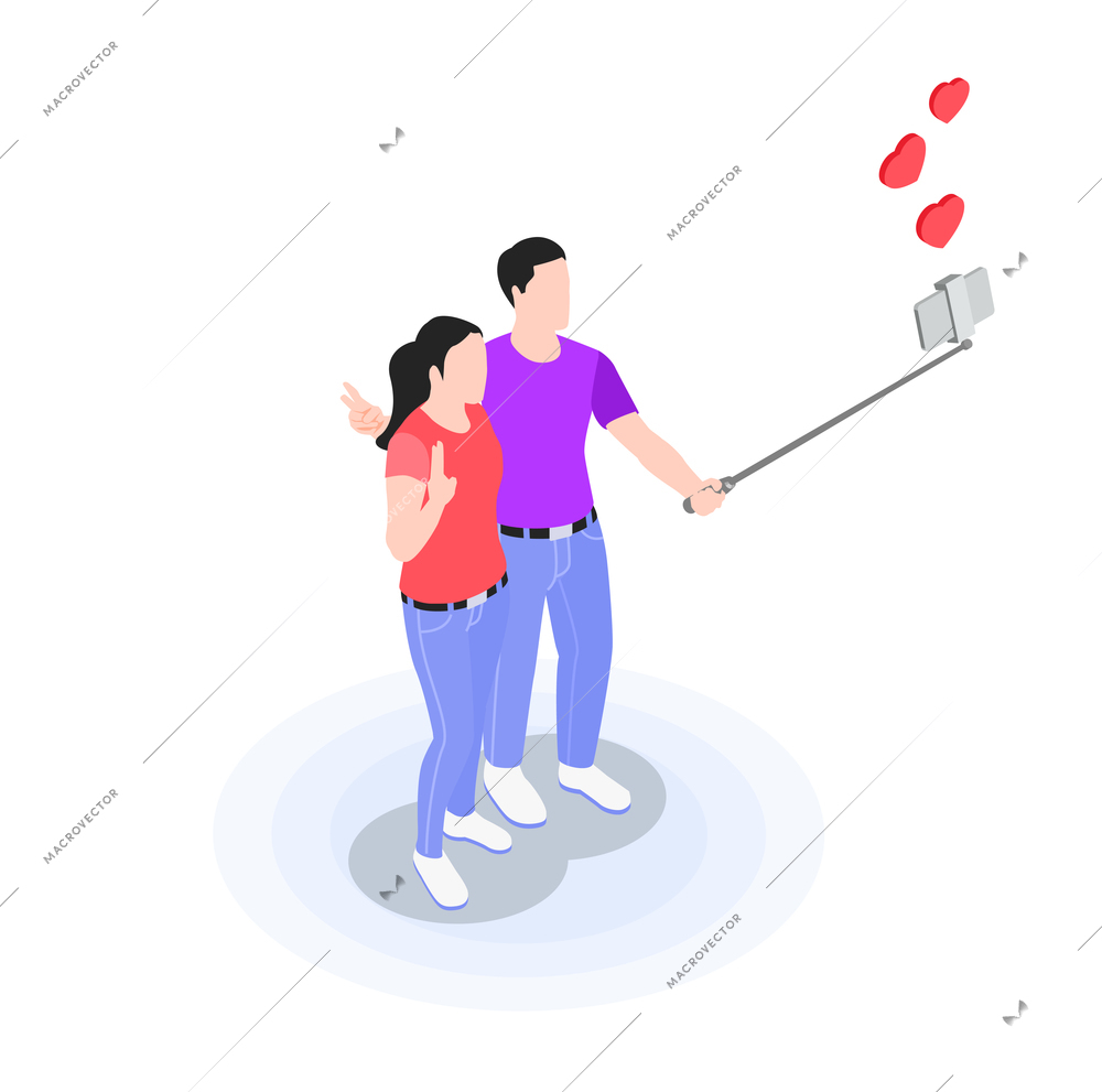 A man and a woman take a selfie on the phone using a selfie stick vector illustration