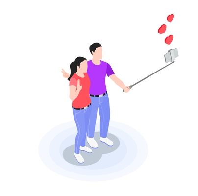 A man and a woman take a selfie on the phone using a selfie stick vector illustration