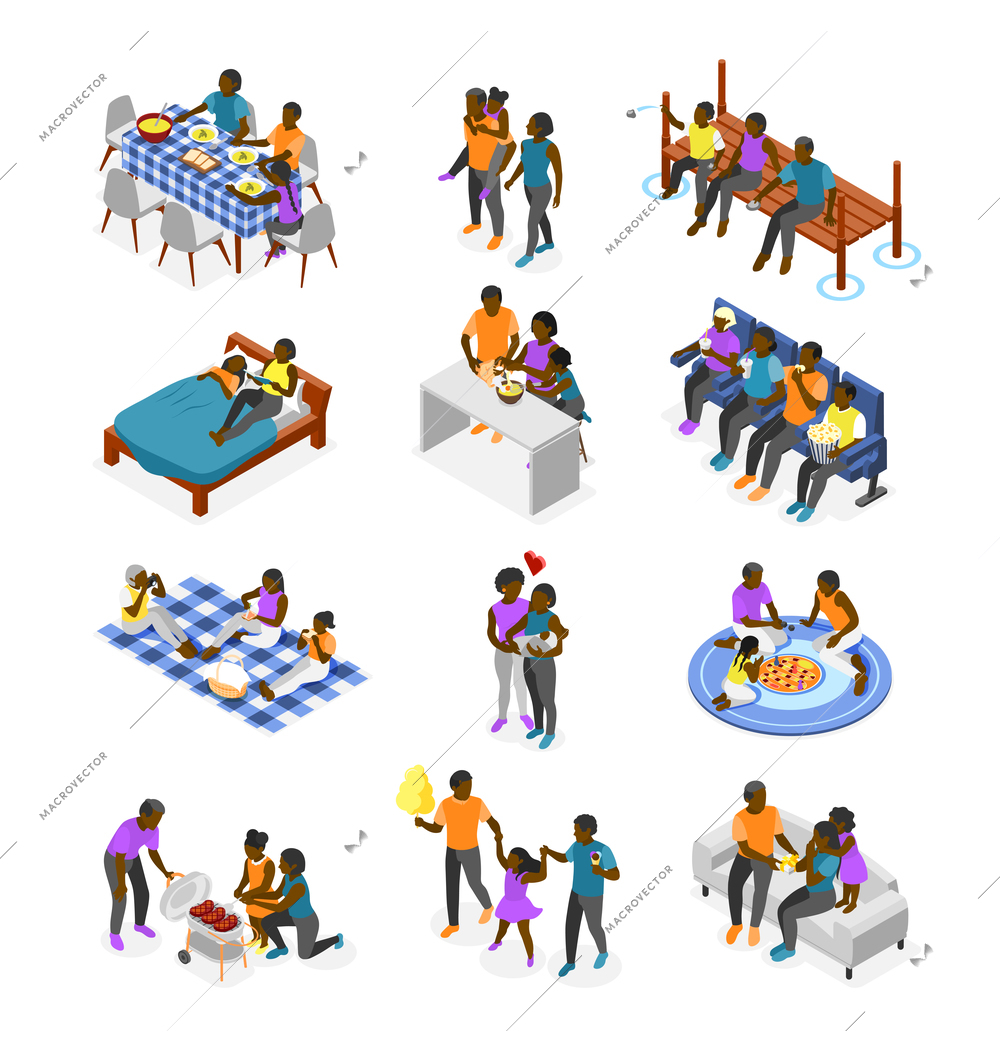 International day of families isometric recolor set of different ages relatives from baby to elderly spend time together isolated vector illustration