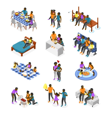 International day of families isometric recolor set of different ages relatives from baby to elderly spend time together isolated vector illustration