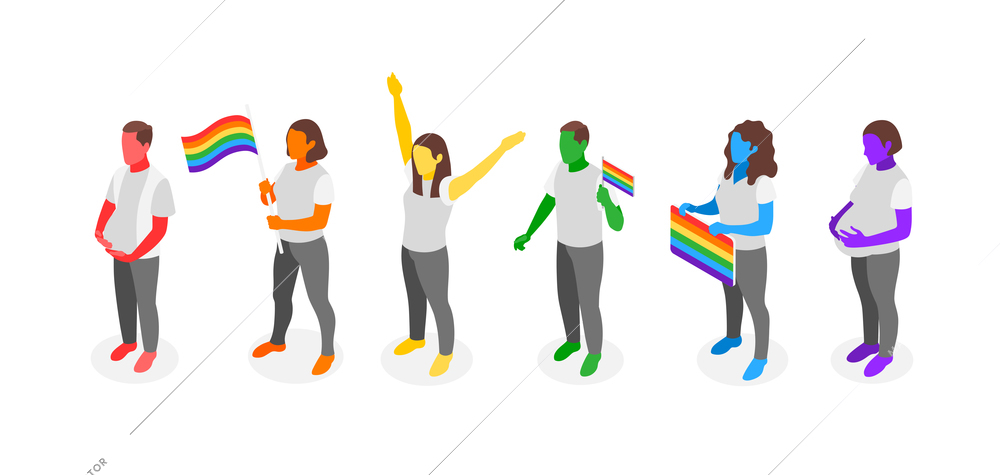 Demonstration dedicated to  international day against homophobia  with adult characters holding flags in colors of rainbow isometric vector illustration