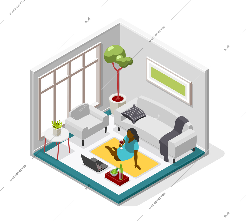 Loneliness isometric composition with black woman sitting on floor holding wineglass and looking in laptop screen vector illustration