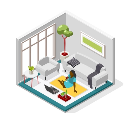 Loneliness isometric composition with black woman sitting on floor holding wineglass and looking in laptop screen vector illustration