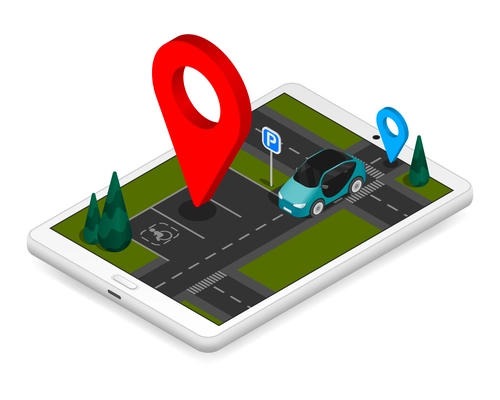 Isometric parking composition with abstract sign in the form of a three dimensional pointer for parking space vector illustration