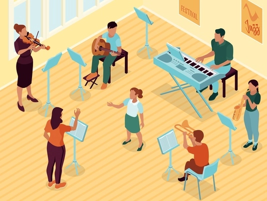 Intermediate advanced piano guitar lessons singing solfeggio music theory course professional musicians education isometric composition vector illustration