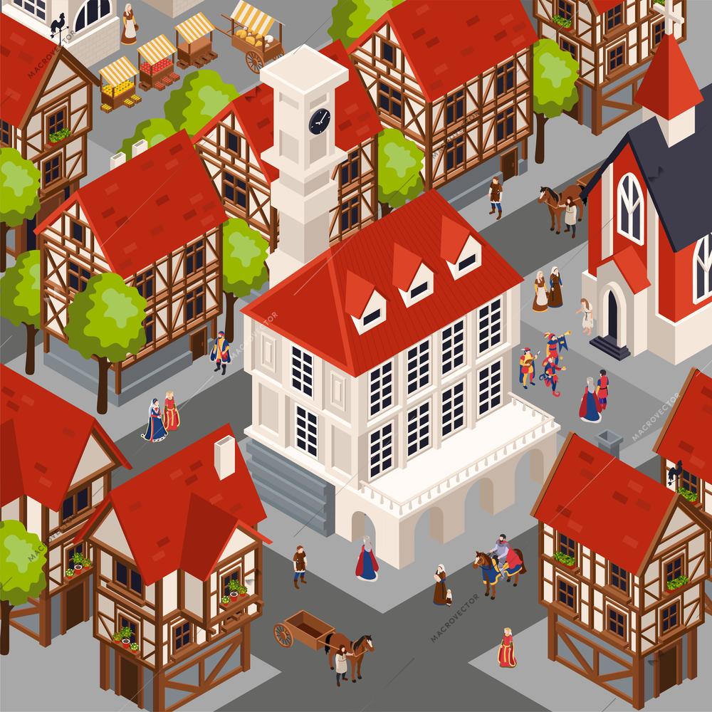 Medieval architecture isometric background with traditional cozy town vector illustraion