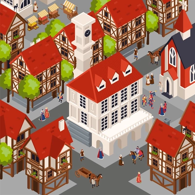 Medieval architecture isometric background with traditional cozy town vector illustraion